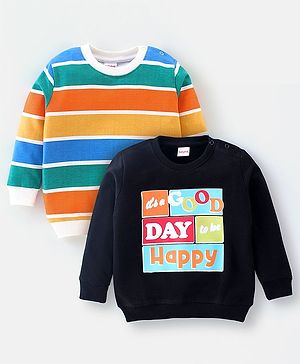 Babyhug Cotton Full Sleeves Sweatshirt With Text & Stripes Graphics Pack Of 2 - Multicolour