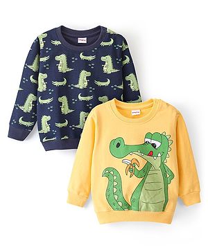 Babyhug Cotton Knit Full Sleeves Sweatshirt Dino Print Pack of 2 - Blue & Yellow