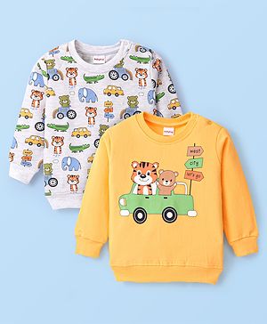 Babyhug Cotton Full Sleeves Graphic Tiger Print Sweatshirts Pack of  2 - White Melange & Yellow