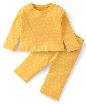 Babyhug Cotton Interlock Full Sleeves Night Suit Paw Print - Yellow