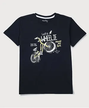 PALM TREE Half Sleeves Lets Wheelie Text With Bicycle Printed Tee - Black