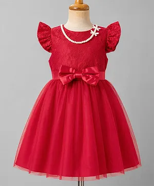 Mark & Mia Cotton Viscose Woven
                              Half Sleeves Party Frock With Belt &
                              Necklace Applique - Maroon