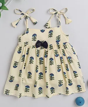 Many frocks & Sleeveless Floral Printed Bow Applique Dress - Navy Blue &  Cream