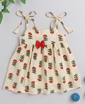 Many frocks &  Knee Length  Foral Printed Silky Textured Baby Dress - Red & Cream