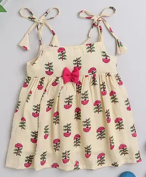 Many frocks & Sleeveless Floral Printed Bow Applique Dress - Pink Cream