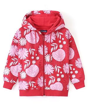 Pine Kids Full Sleeves Hooded Front Open Biowashed Sweatjacket Floral Print - Red