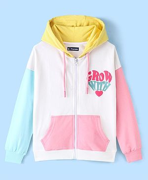 Pine Kids Cotton Knit Full Sleeves Front Open Hooded Biowashed Sweatshirt with Text Print - Blue Pink & Yellow