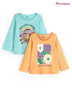 Honeyhap Premium Super Soft & Stretch Cotton Bio Finish Full Sleeves T-Shirts Floral Print Pack of 2- Orange & Blue