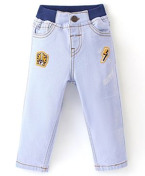 Babyhug Denim Washed Full Length Stretchable Jeans With Tiger Applique - Blue