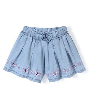 Babyhug 100% Cotton Mid Thigh Length Washed Stretchable Denim Shorts Butterfly Embroidery - Blue