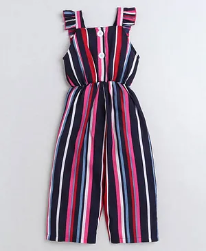 M'andy Sleeveless Balanced Striped & Frill Detailed Jumpsuit - Pink & Blue