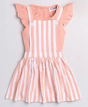 M'andy Frill Cap Sleeves Solid Tee With Awning Striped Dungaree Style Skirt - Orange