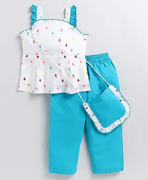M'andy Sleeveless Water Drops Printed Top With Pant & Sling Bag - White