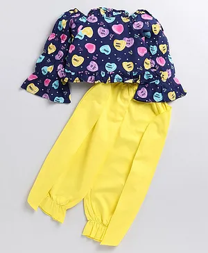 M'andy Three Fourth Sleeves All Over Hearts Printed Top With Harem Pants - Yellow & Blue