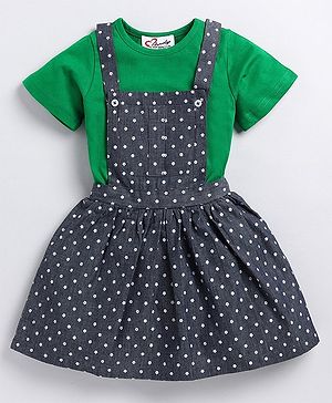M'andy Half Sleeves Solid Top With Seamless Flowers Printed Dungaree Style Skirt - Green & Blue