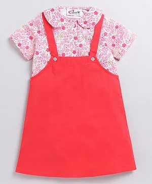 M'andy Short Sleeves Seamless Flowers Printed Collared Top With Solid Dungaree Style Dress - Pink
