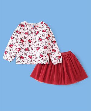 Babyhug Single Jersey Full Sleeves Top and Skirt Set Floral Print - White & Red