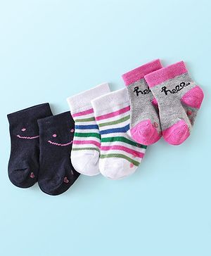 Cutewalk by Babyhug Cotton Anti-Bacterial Anti-Skid Ankle Length Striped & Smiley Design Socks Pack of 3 - Grey & Black