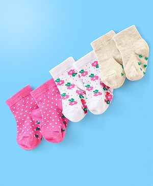 Cute Walk by Babyhug Anti Bacterial Anti Skid Ankle Length Cotton Knit Socks Floral Design Pack of 3 - Pink White & Beige