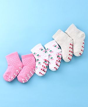 Cute Walk by Babyhug Anti Bacterial Anti Skid Ankle Length Cotton Knit Socks Floral Design Pack of 3 - Pink White & Beige