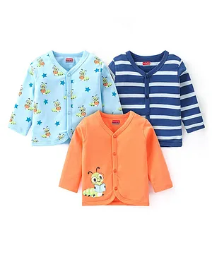 Babyhug 100% Cotton Knit Full Sleeves Front Open Vest Stripes & Caterpillar Print Pack of 3 - Orange & Blue