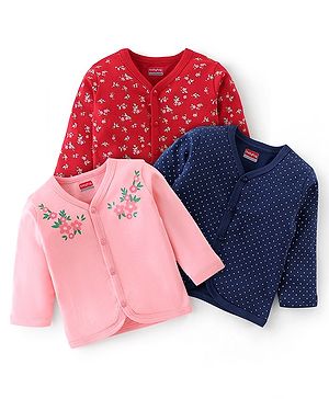 Babyhug 100% Cotton Full Sleeves Front Open Vests Floral & Dot Print Pack of 3- Pink Blue & Red