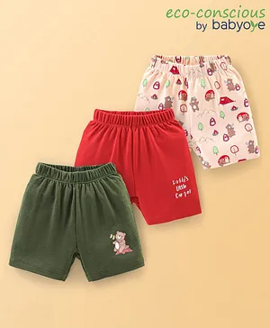 Babyoye 100% Cotton With Eco Jiva Finish Shorts With Teddy & Text Print - Red Green & White