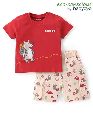 Babyoye 100% Cotton With Eco Jiva Finish Half Sleeves T-Shirt And Shorts With Doggy Embroidery - Red