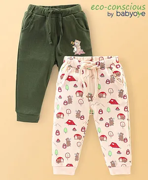 Babyoye 100% Cotton With Eco Jiva Finish Full Length Lounge Pants Bear Print Pack of 2- Peach & Green