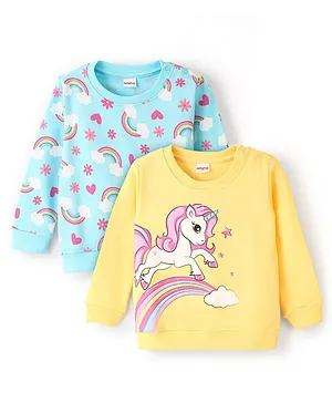 Babyhug Cotton Full Sleeves Sweatshirts Unicorn & Rainbow Design Pack of 2 - Yellow & Blue