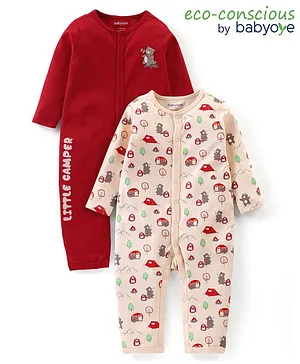 Babyoye 100% Cotton with Eco Jiva Finish Full Sleeves Romper Bear Print Pack of 2 - Red & Peach