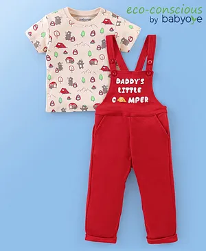 Babyoye  100% Cotton Dungaree & Half Sleeves Inner Tee with Eco Jiva Finish Bear Print - Red