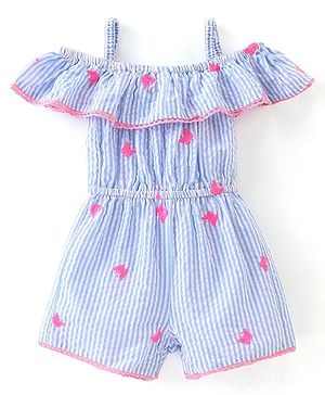 Babyhug 100% Cotton Woven Sleeveless Yarn Dyed Striped Jumpsuit Butterfly Embroidery - Blue