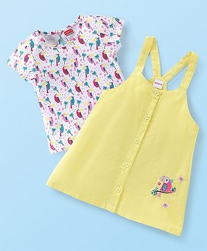 Babyhug Cotton Knit Short Sleeves Inner Tee with Corduroy Frock Parrot Printed  - Yellow