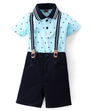 Babyhug Cotton Knit Half Sleeves  T-Shirt & Shorts with Suspender Anchor Print - Blue