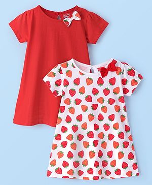 Babyhug Knit Half Sleeves Frocks Strawberry Printed with Bow Applique - White & Red