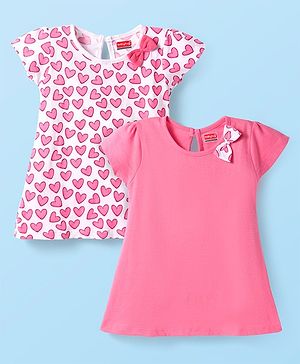 Babyhug Cotton Knit Half Sleeves Frocks With Heart Print & Bow Applique Pack of 2 - Dark Pink & White