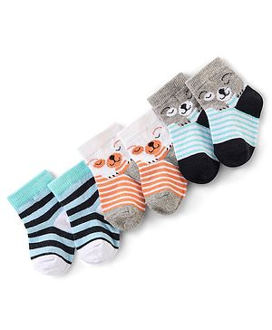Cute Walk by Babyhug Anti Bacterial Ankle Length Cotton Knit Socks Stripes & Bear Design Pack of 3 - Orange Blue & Grey