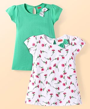 Babyhug Cotton Knit Half Sleeves Frocks With Floral Print Pack of 2 - White & Green