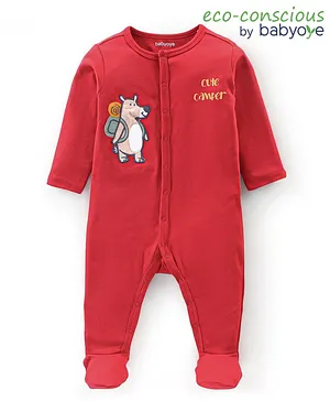 Babyoye 100% Cotton Knit with Eco Jiva Finish Full Sleeves Sleep Suit with Bear Embroidery - Red