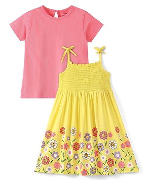 Babyhug Cotton Knit Frock with Half Sleeves Inner Tee Floral Print - Peach & Yellow