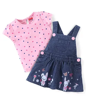 Babyhug 100% Cotton Knit Denim Frock with Half Sleeves Inner Tee & Floral Embroidered - Pink & Blue