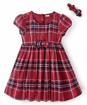 Babyhug Cotton Yarndyed Half Sleeves Checkered Dress with Headband - Red