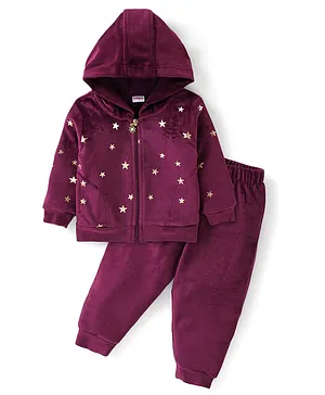 Babyhug Velour Knit Full Sleeves Winter Wear Hoodie & Lounge Pant Set with Stars Print - Wine Maroon
