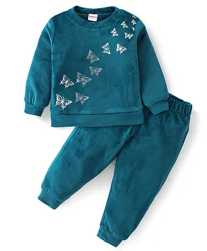 Babyhug Velour Knit Full Sleeves Winter Wear Sweatshirt & Lounge Pant Set with Butterfly Print - Teal