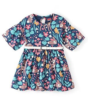Babyhug 100% Cotton Knit Half Sleeves Frock With Belt Deer & Bunny Print - Navy Blue