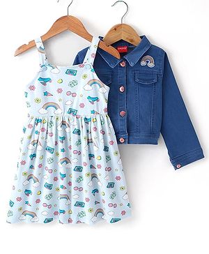 Babyhug Cotton Spandex Knit Floral Printed Singlet Frock with Full Sleeves Denim Jacket - Blue
