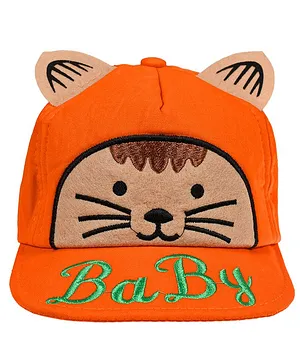 Tiekart Baby Cat Face Embroidered Design Detailed Cap - Orange & Green