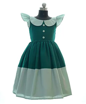 HEYKIDOO Cap Flutter Sleeves Solid Colour Blocked Party Dress - Green