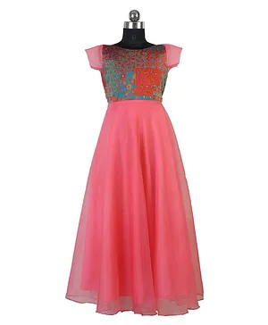 HEYKIDOO Short Sleeves Floral Bodice Self  Design  Brocade Organza Party Gown - Peach